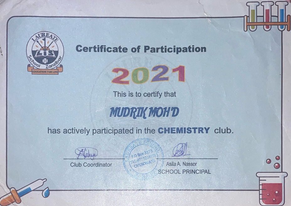 Chemistry Club Participation Certificate — O-Level