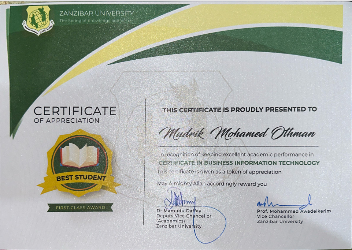 First Class Award — Certificate in Business Information Technology