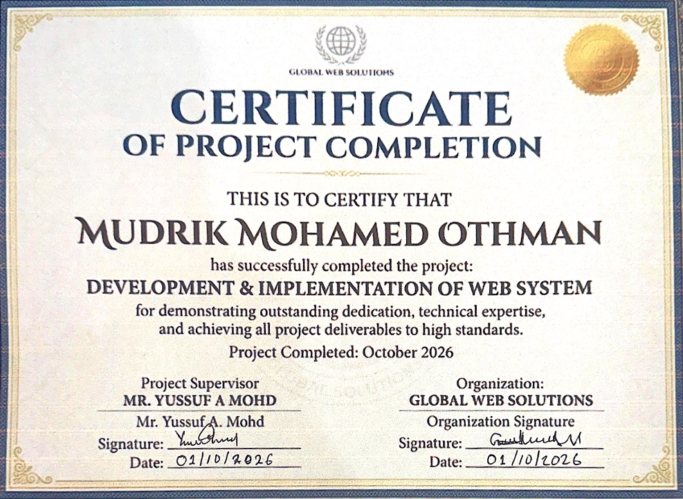 Web Project Completion Certificate — Signed by Supervisor